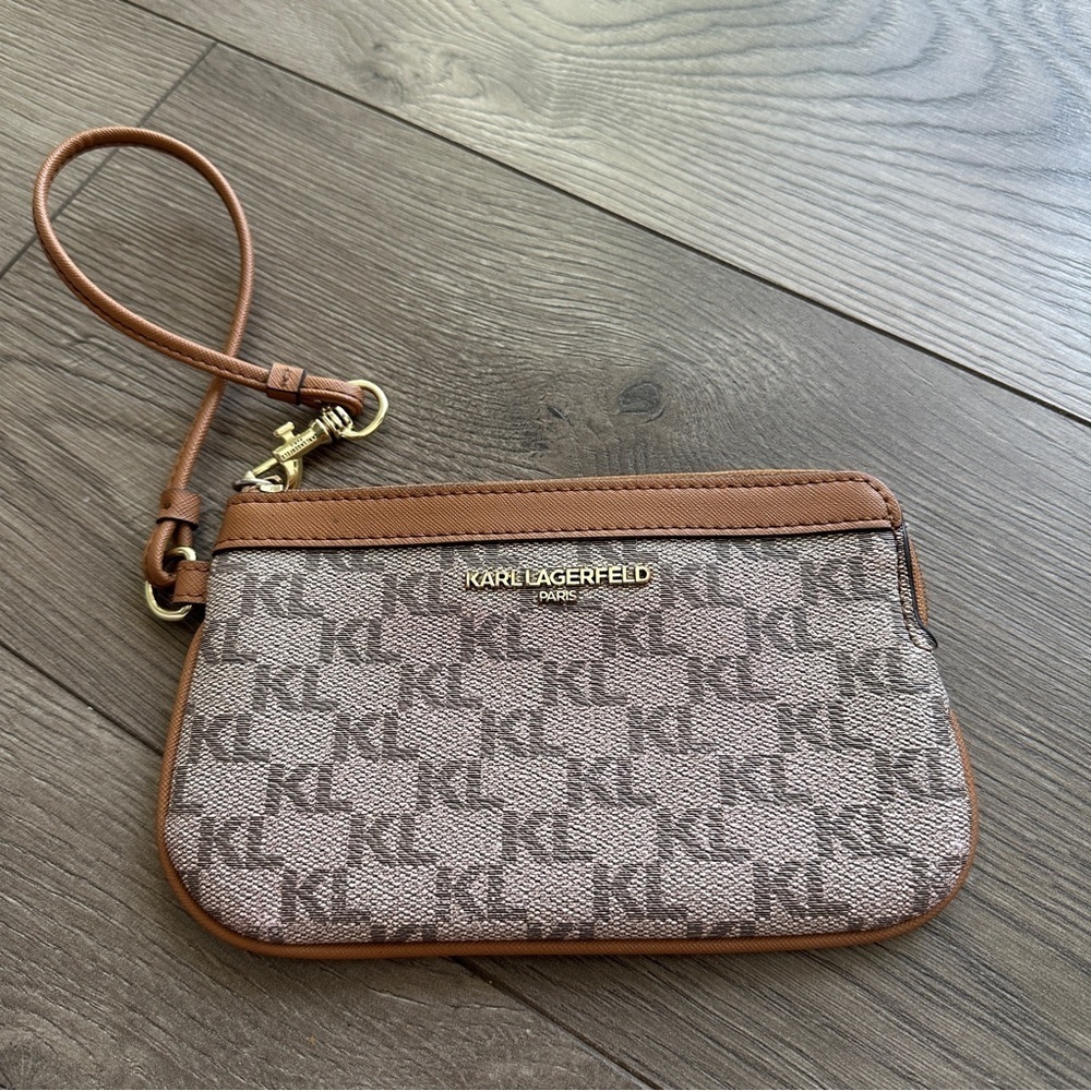 KARL LANGERFELD Paris Logo Wristlet Zip Wallet Tan and Brown